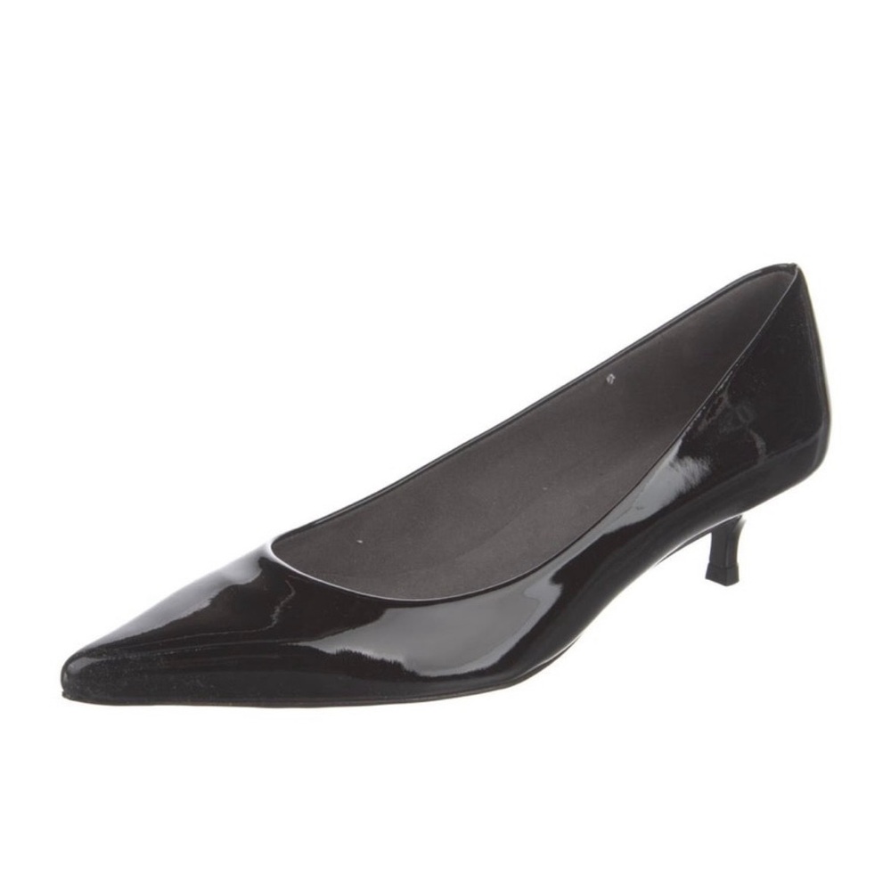 Stuart Weitzman Black Patent Leather Pointed Toe Kitten Heels